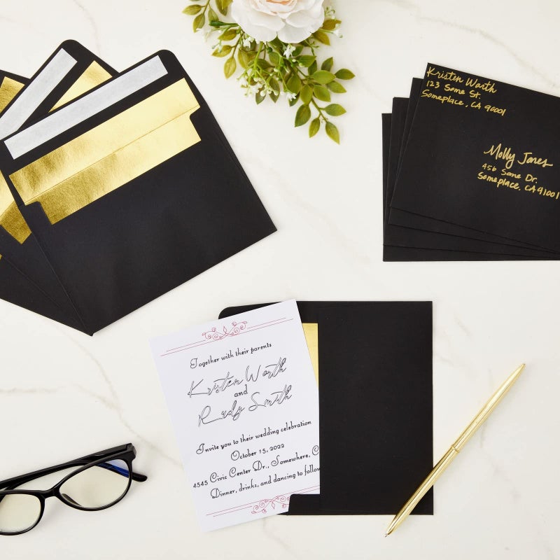 Paper Junkie A6 Black Envelopes with Gold Foil - 4.25 x 6.25 In, 50 Pack, 120 GSM - Peel & Stick Envelope Liner for Invitations, Greeting Cards & Photos - Image 2
